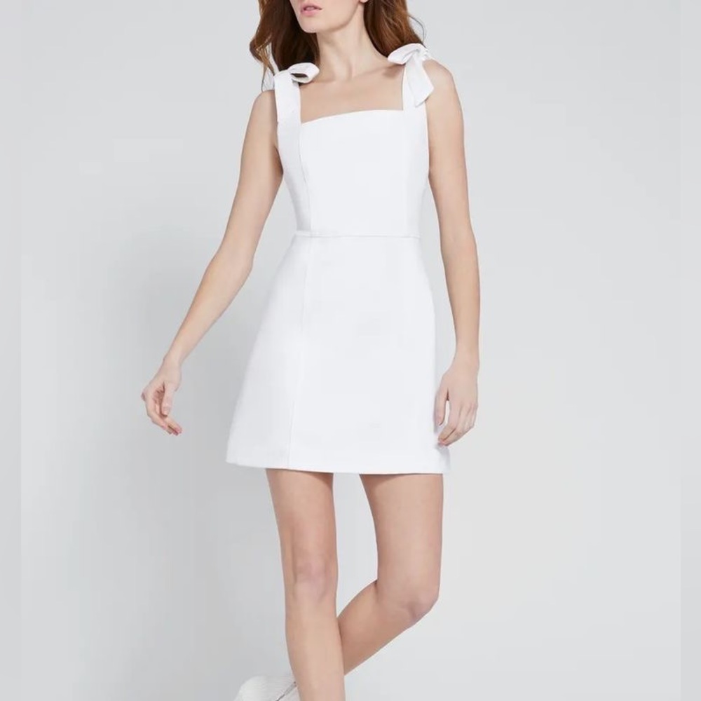 ALICE + OLIVIA - MARYANN TIE SHOULDER MINI DRESS - White Jean Dress Jumper